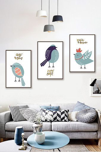 北欧动物动画鸟类金箔字欧洲装饰画素材图片