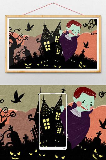 黑色可爱万圣节吸血鬼在城堡插画图片