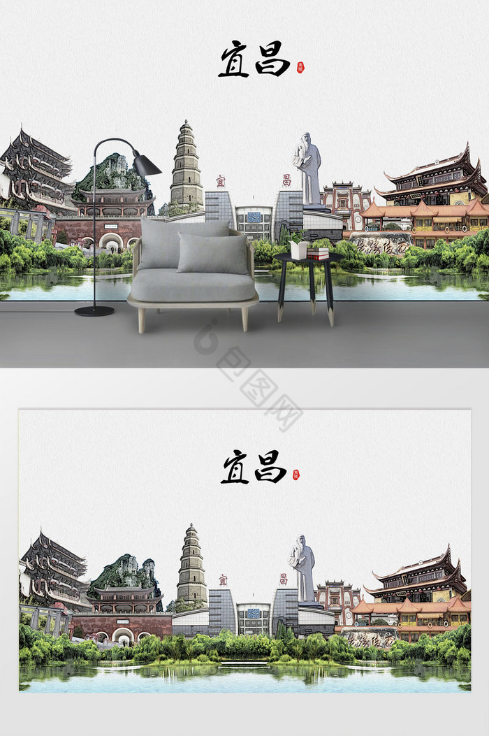 现代简约素描油画宜昌市城市剪影背景墙