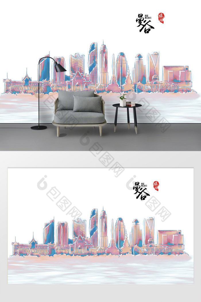 现代简约素描油画泰国曼谷城市建筑背景图片图片