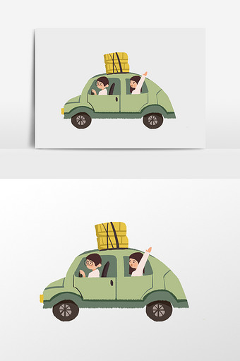 手绘开车旅行的情侣插画元素图片