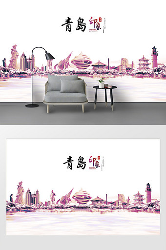 现代简约素描油画青岛城市建筑背景图片
