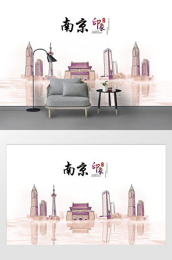 现代简约素描油画南京城市建筑背景图片