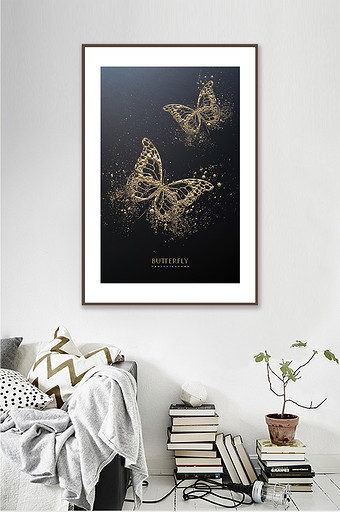 北欧创意黑金雕花蝴蝶客厅酒店动物装饰画图片