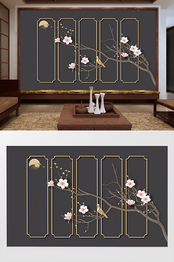 新中式唯美桃花树枝浮雕背景墙图片