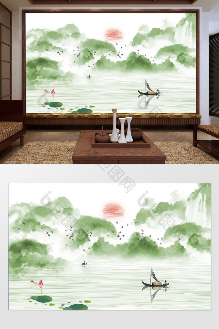 新中式清新创意山水背景墙图片图片