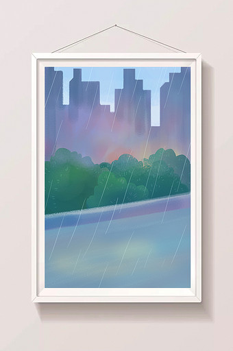 手绘下雨的路边插画背景图片