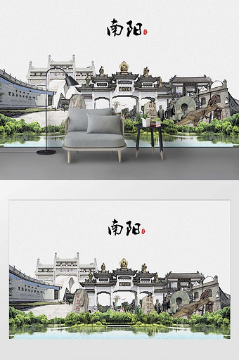 现代简约素描油画南阳市城市剪影背景墙图片