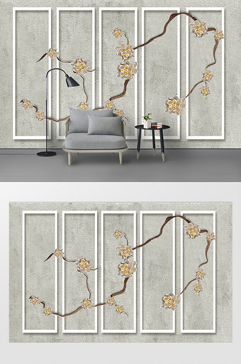 现代简约画框造型树枝花朵浮雕背景墙图片