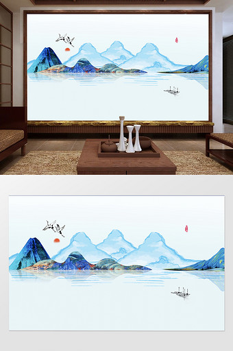 新中式山水石纹意境背景墙装饰图片