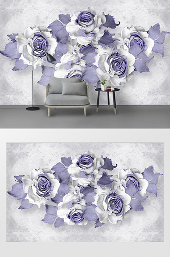 现代唯美大气3d紫色玫瑰花朵浮雕背景墙图片