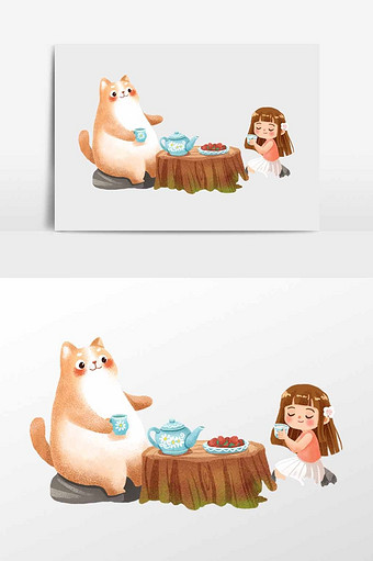 手绘卡通猫和小女孩插画元素图片