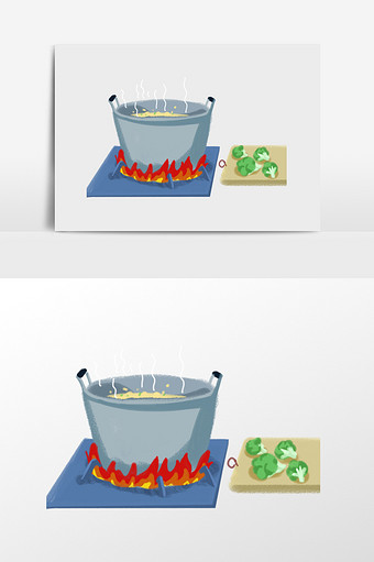 手绘煮饭锅和案板生菜插画元素图片