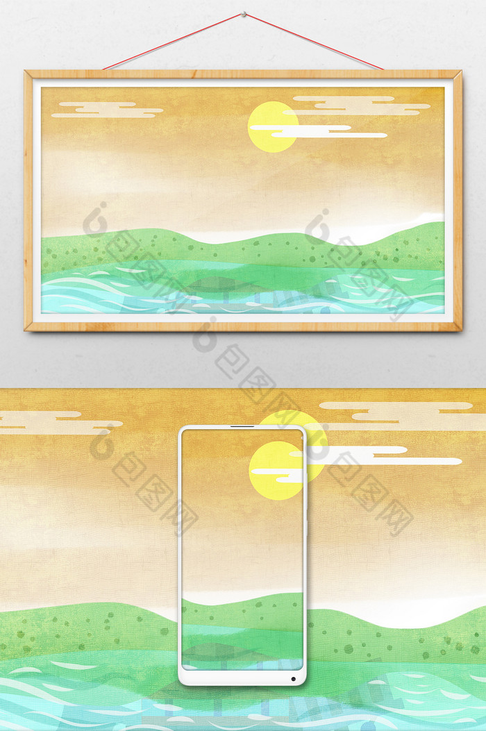 太阳下山的水面插画图片图片