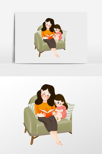 手绘沙发上讲故事的母女插画元素图片