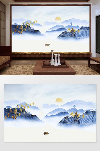 新中式金色线条水墨山水电视背景墙图片