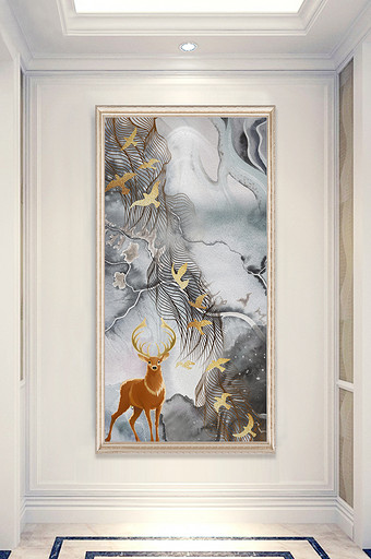 中式创意抽象线条鸟群小鹿玄关装饰画图片