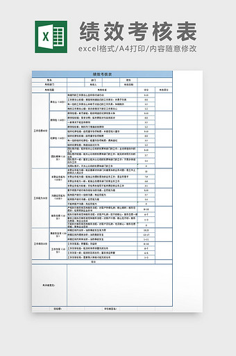 蓝白配色绩效考核表  excel表格模板图片