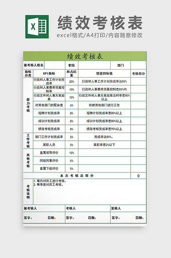 清新绿色商务绩效考核表 excel模板图片