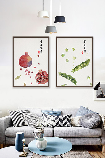 新中式手绘水墨风蔬菜瓜果餐厅装饰画图片