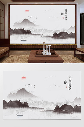 新中式水墨山水飞鸟宁静致远电视背景墙图片