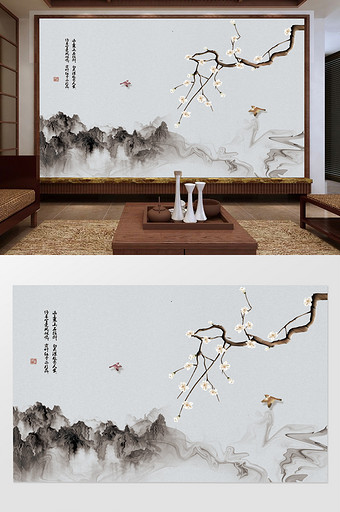 花鸟梨花手绘工笔花鸟新中式背景墙图片