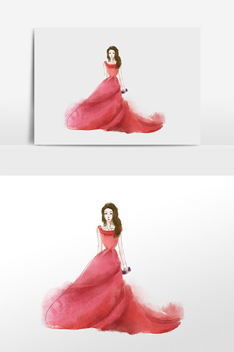 水彩手绘元素时尚风红色礼服长发女人图片