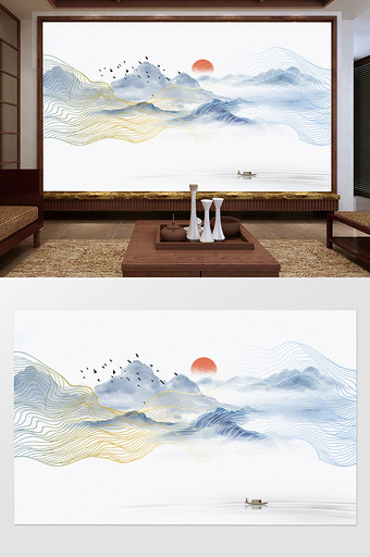 新中式唯美抽象水墨山水金色线条背景墙图片