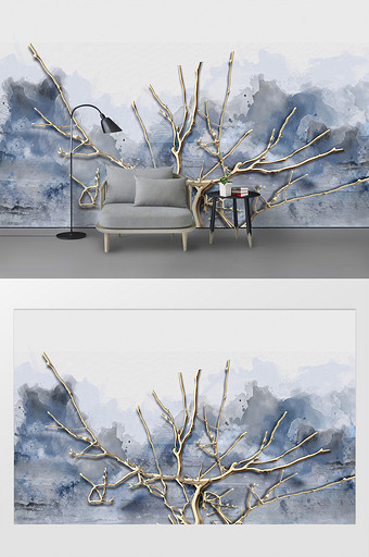 现代简约造型树枝浮雕清新蓝色彩绘背景墙图片