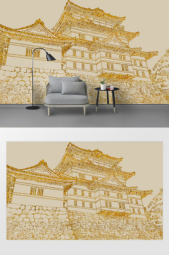 中国特色屋子建筑线稿背景墙图片