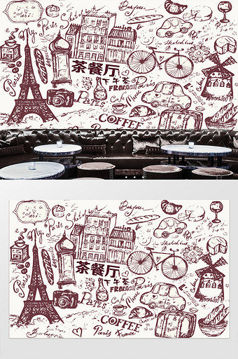 复古手绘线条咖啡厅下午茶背景墙图片