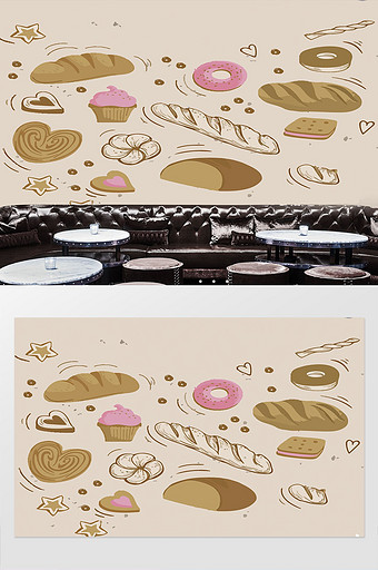 粉色温馨手绘线条蛋糕甜品店工装背景墙图片