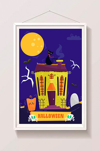 卡通可爱黑猫万圣节女巫城堡夜空插画图片