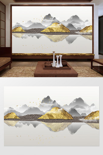 抽象立体浮雕金箔山水电视背景墙定制图片