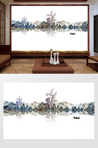 新中式山水国画水墨背景墙印象风情图片