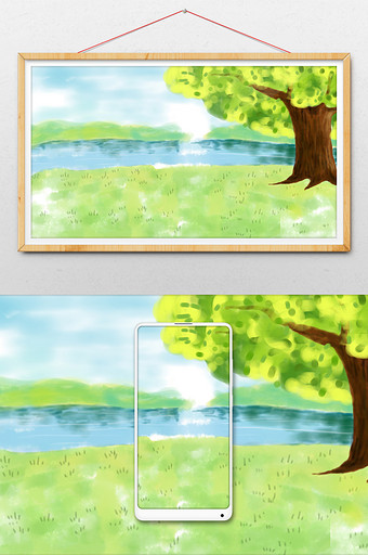 手绘水边草地和树插画背景图片