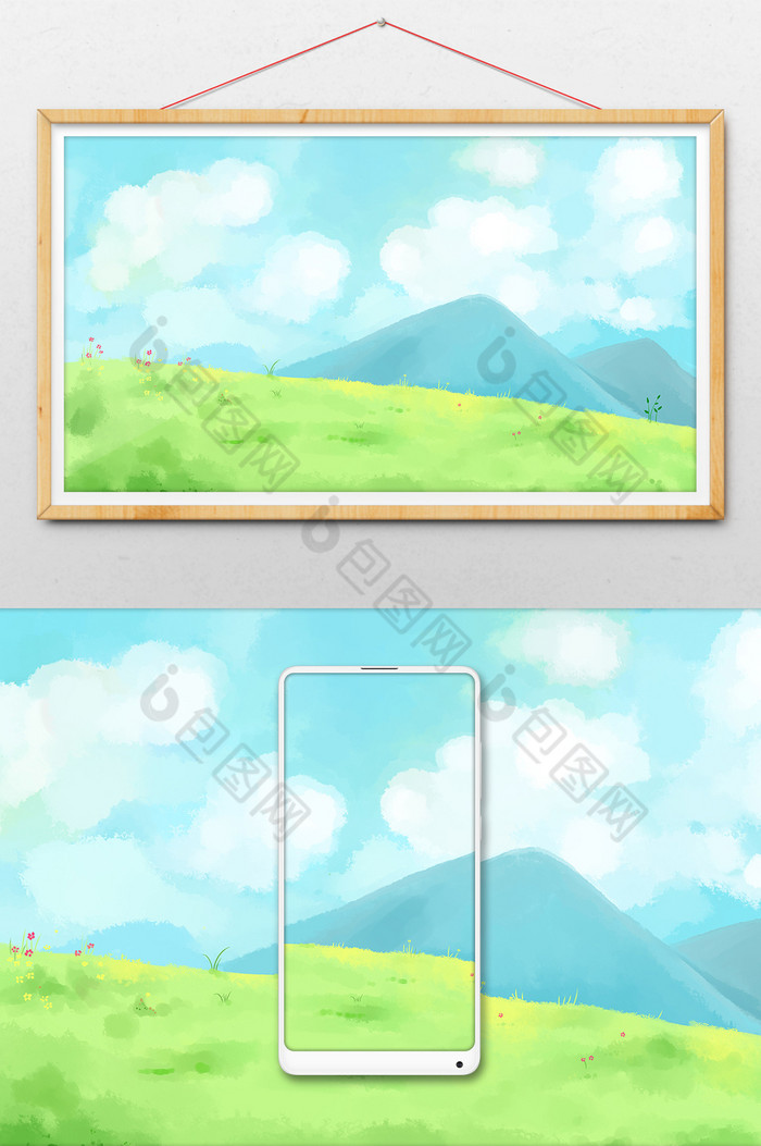 草地山丘蓝天白云插画图片图片