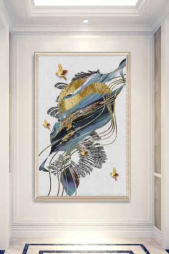 现代抽象油画山水金色飞鸟线条玄关画图片