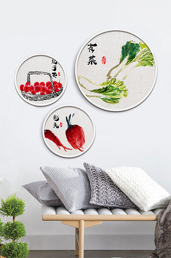 新中式水彩手绘蔬菜水果圆形装饰画图片