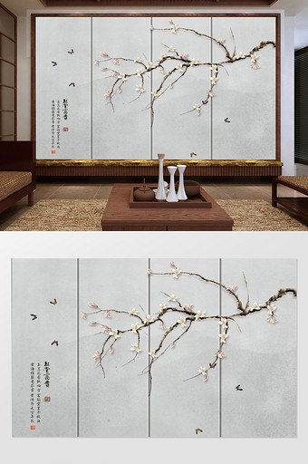 玉兰手绘工笔新中式花鸟新中式背景墙图片