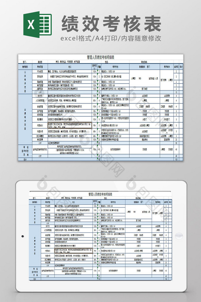 清新蓝色管理人员绩效考核excel表模板图片图片