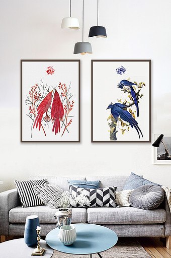 红色蓝色中国风新中式鸟类动物装饰画素材图片