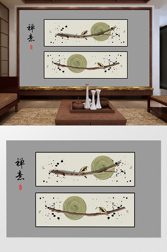 新中式禅境树枝小鸟装饰背景图片