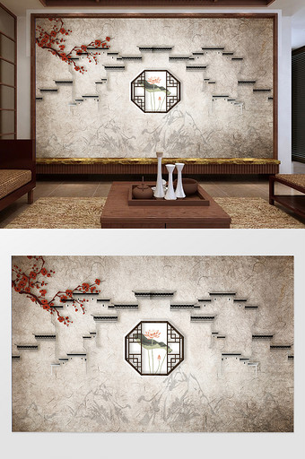 新中式简约古建筑风景背景墙图片