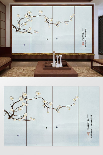 手绘新中式玉兰工笔花鸟背景墙图片