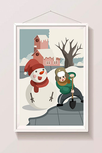 彩色卡通大雪节气男孩堆雪人插画图片