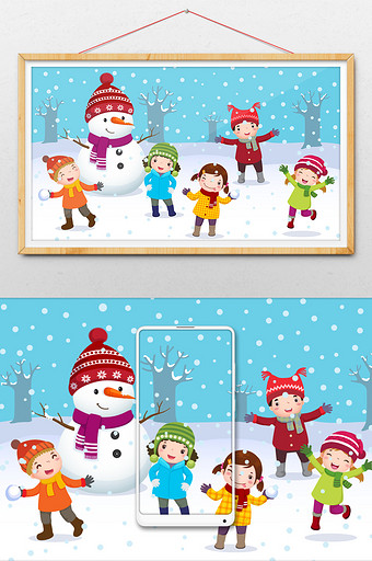 卡通圣诞节孩子们打雪仗图片