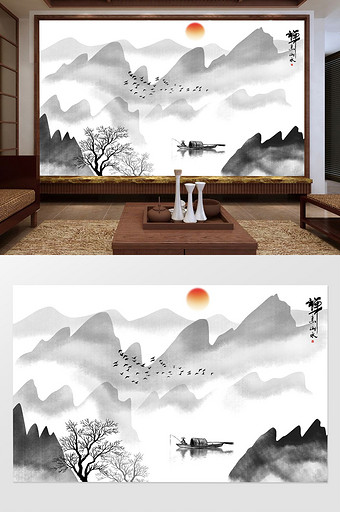 新中式水墨禅意山水画背景墙壁画图片