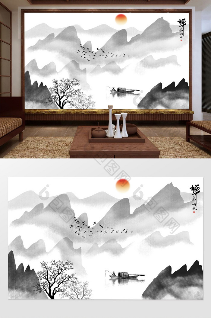 新中式水墨禅意山水画背景墙壁画