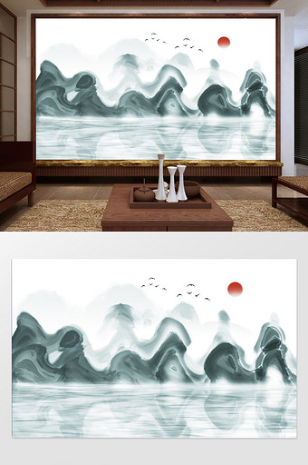中式水墨国画日出抽象山水背景墙图片